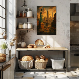 New York City Poster Vintage Sunset Cityscape Wall Art