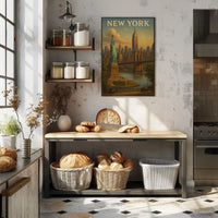 New York City Skyline Cityscape Poster Vintage Wall Art