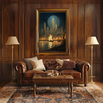 New York City Night Lights and Boat Travel Poster