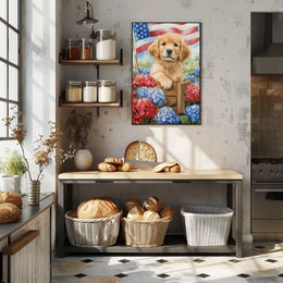 Beautiful Golden Retriever Puppy In A Wooden Wagon Poster