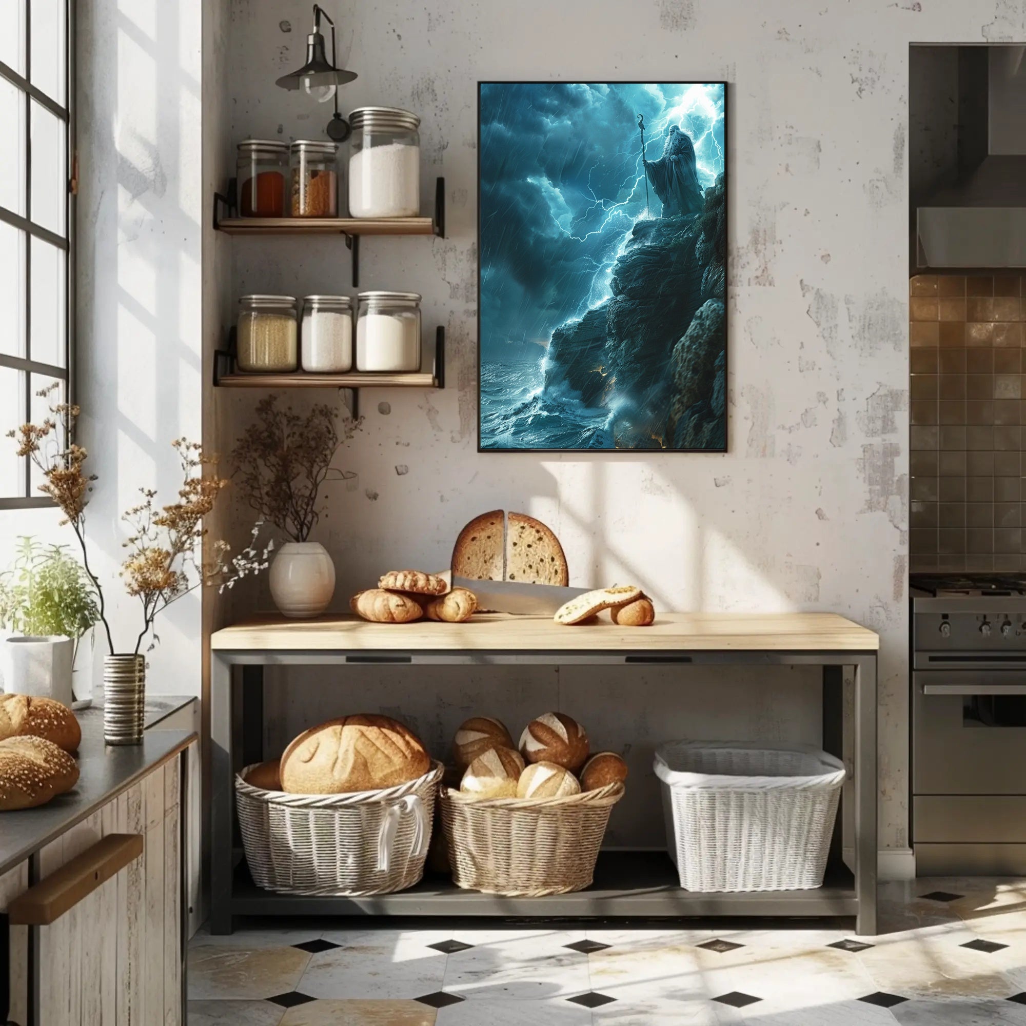 Mystical Storm Wizard Overlooking Ocean Fantasy or Mythology Poster PosterGoat