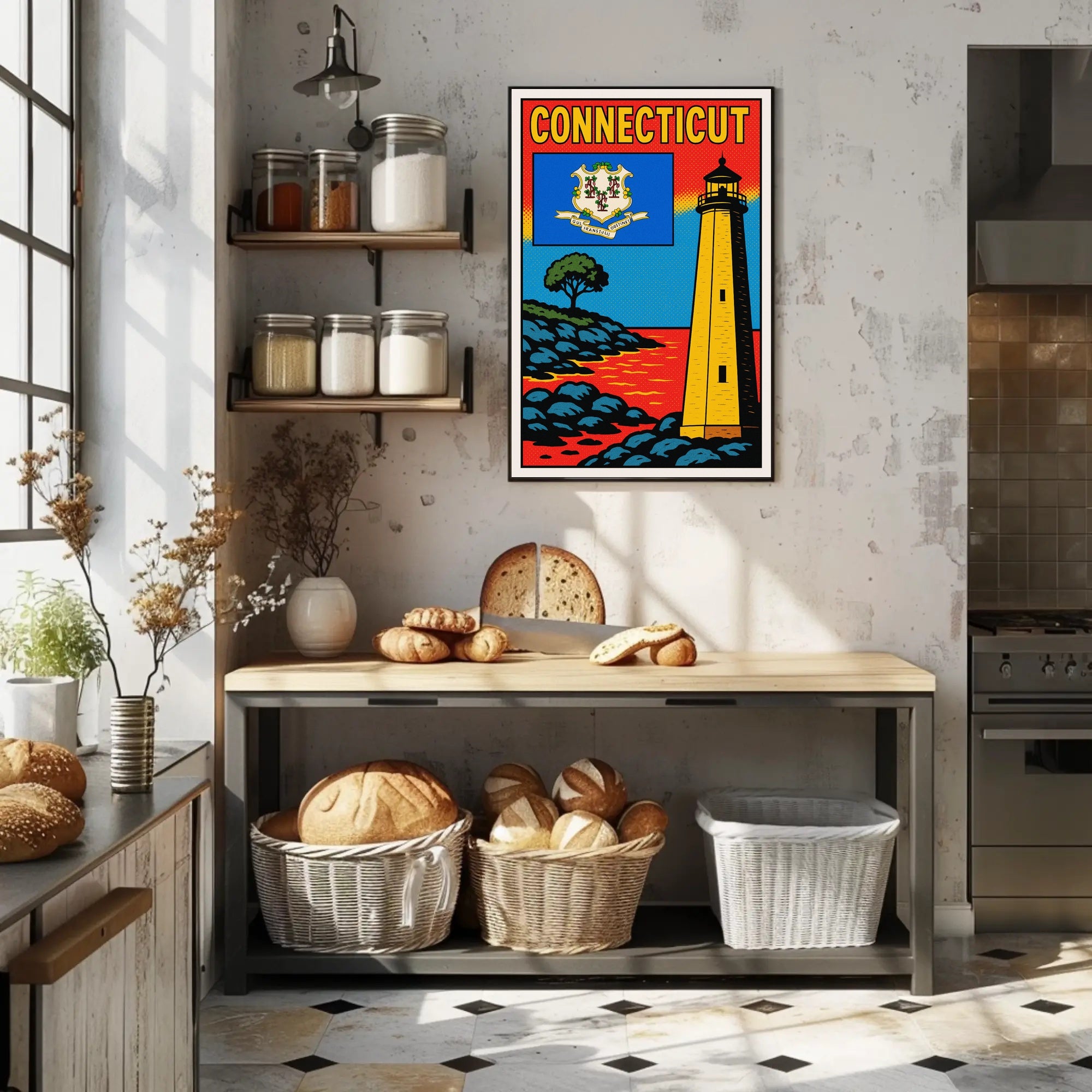 Connecticut Lighthouse and State Emblem Poster PosterGoat