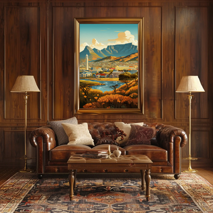 Cape Town Golden Hillside River Valley Mountains Travel Poster
