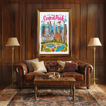 Central Park New York Cityscape Colorful Skyline Travel Poster