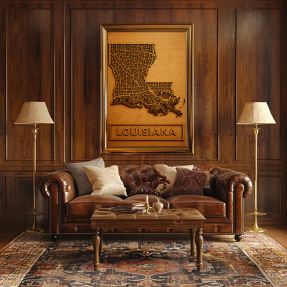 Louisiana Road Map Wood Engraved State Art Poster