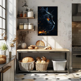 Mystical Cat with Urban Skyline Art Poster