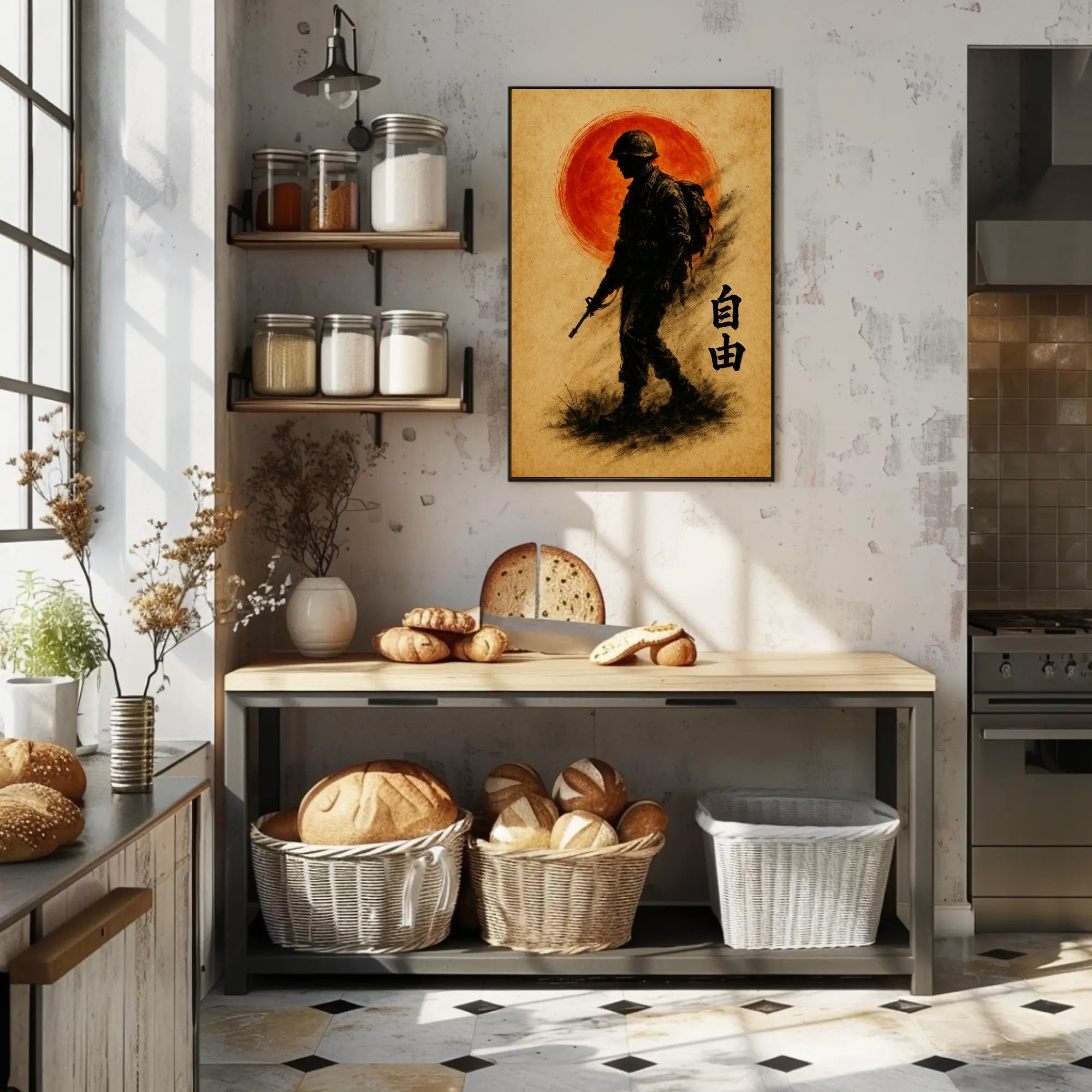 Silhouette Soldier with Crimson Sun WWII Poster