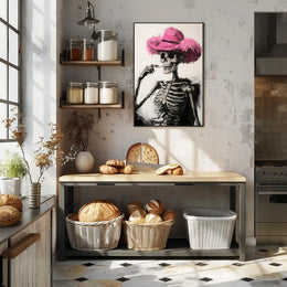 Skeleton in Pink Hat Macabre Whimsical Painterly Poster