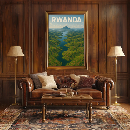 Rwanda Volcano Valley River Aerial Travel Poster