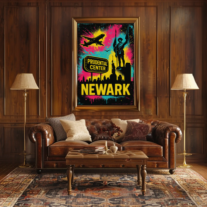 Newark New Jersey Neon Prudential Center Skyline Travel Poster