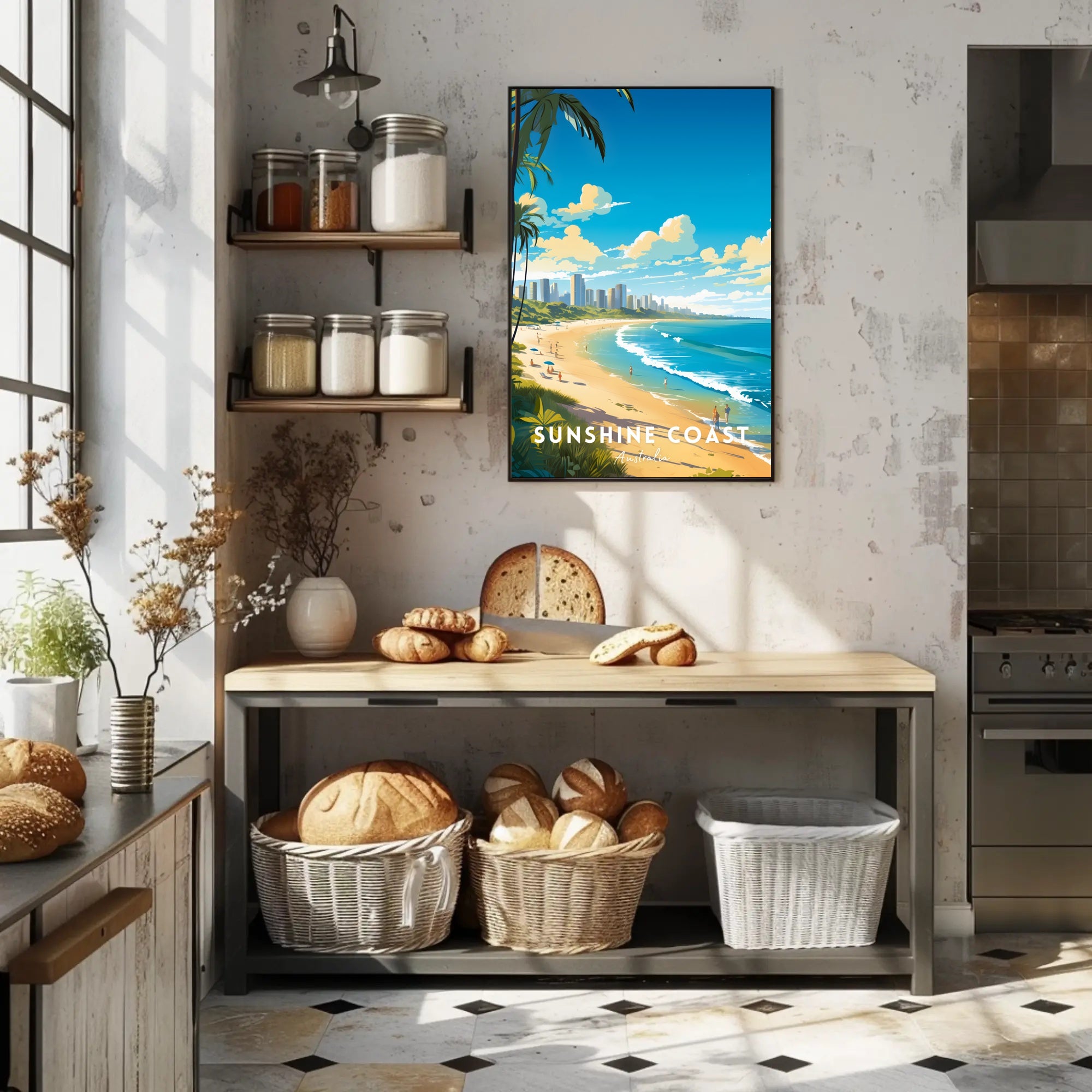 Sunshine Coast Vibrant Beach Scene Travel Poster