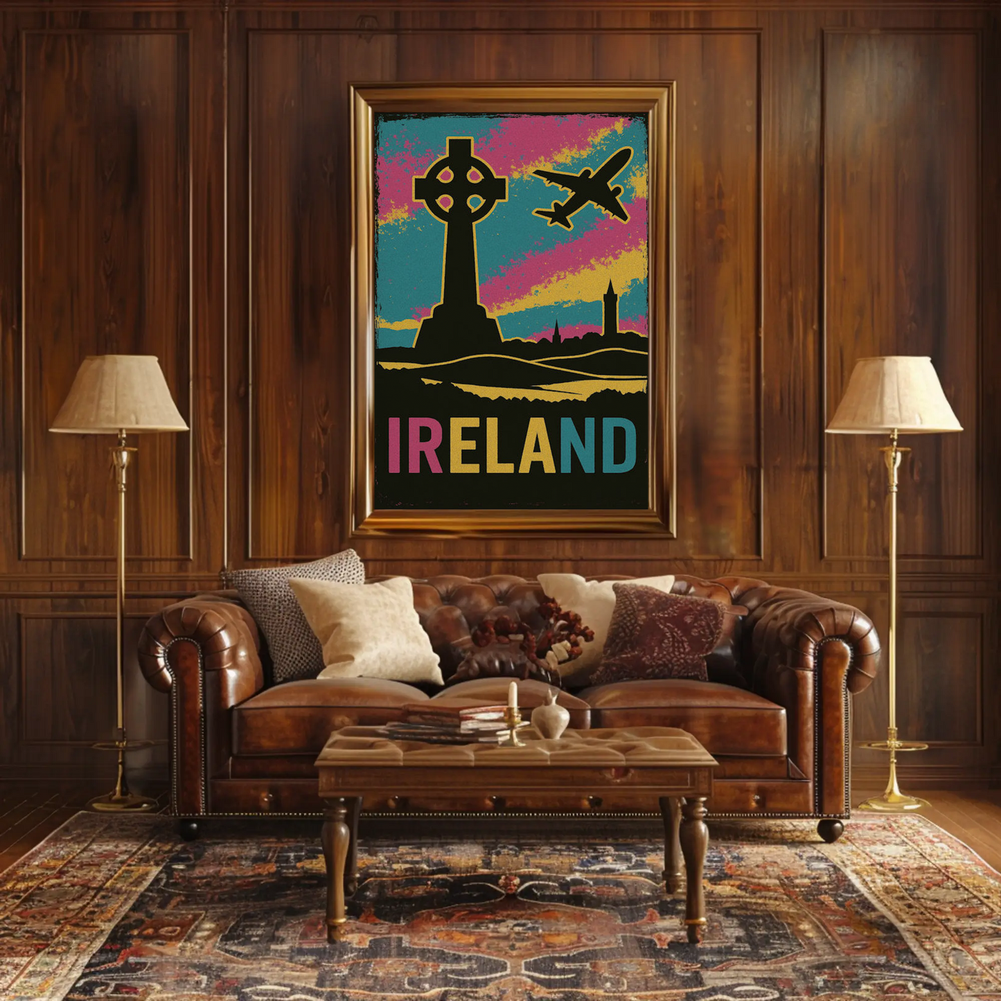 Ireland Celtic Cross Air Travel Retro Poster