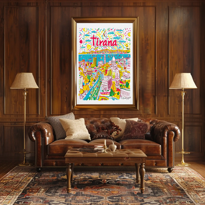 Tirana Albania Colorful Cityscape and Boulevard Travel Poster