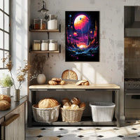 The poster features a vibrant and surreal sci-fi landscape. The core subject is Travel Poster