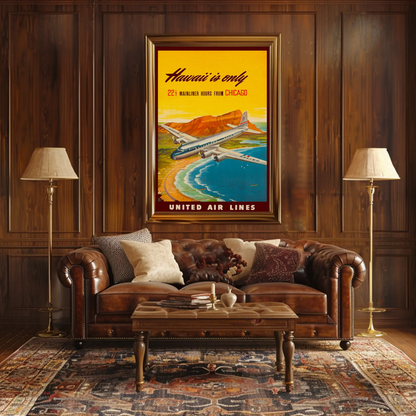 Hawaii United Chicago Flight Scenic Travel Poster