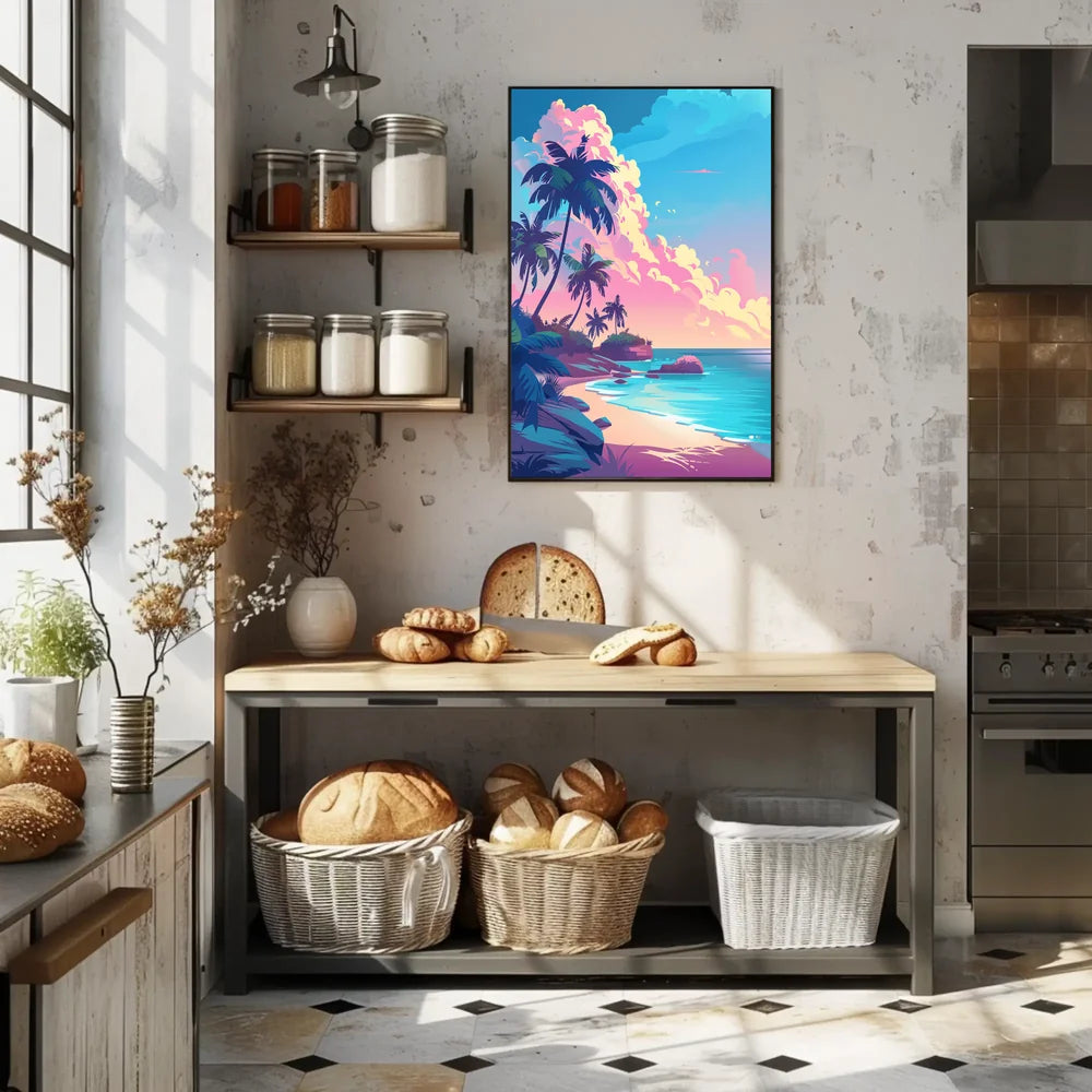 Tropical Sunset Beach Scene Art Poster