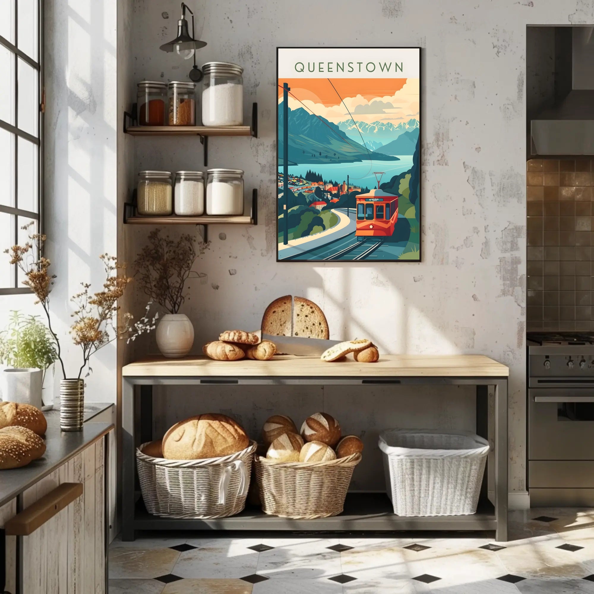 Queenstown Mountains and Tram Travel Poster