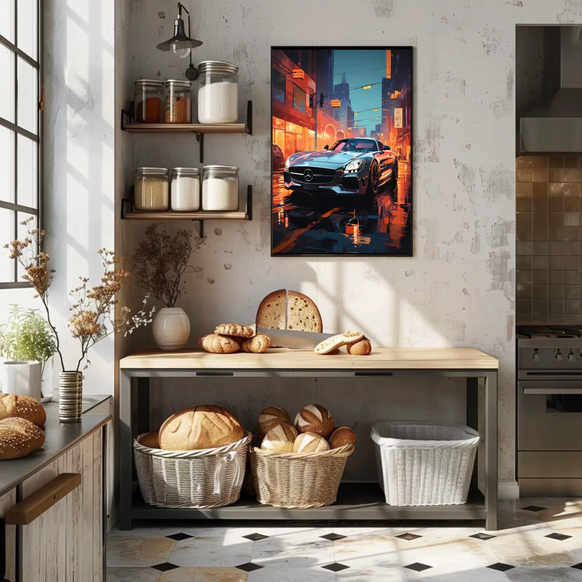 Sleek Urban Sports Car on Vibrant City Street Poster