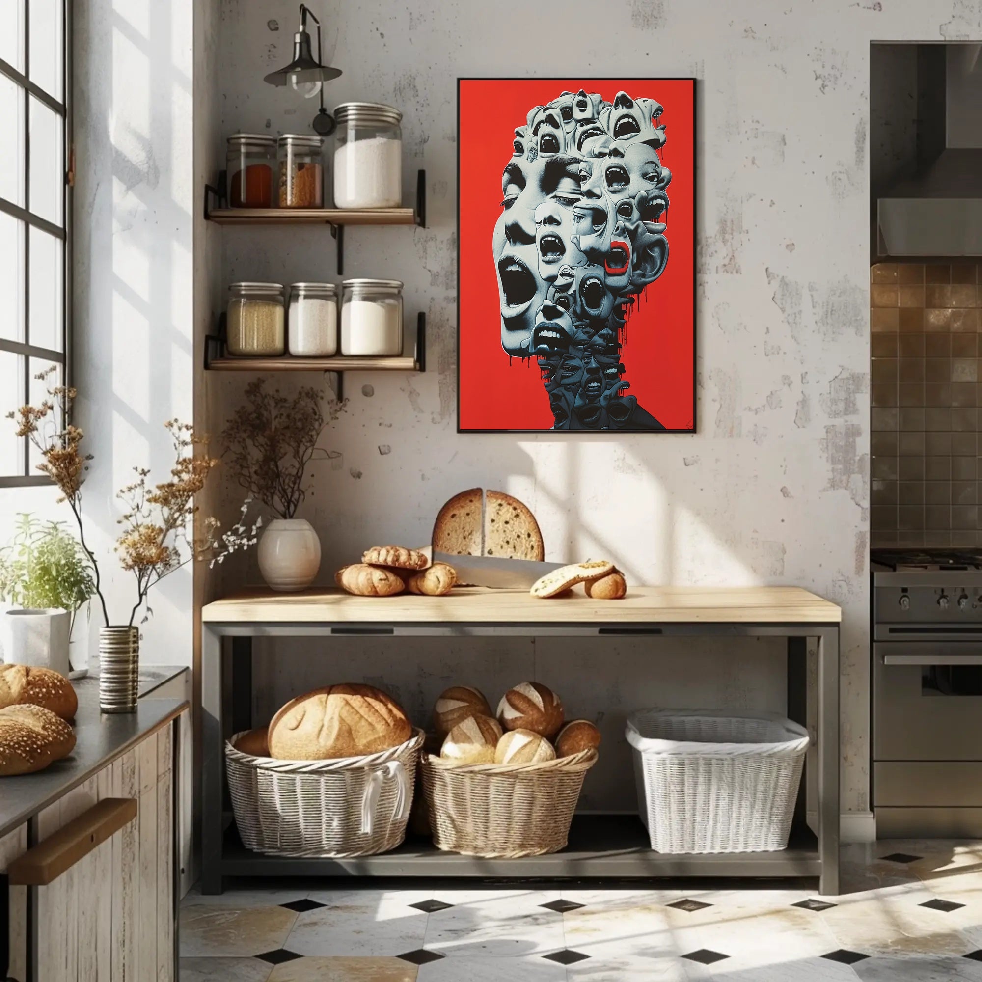 Surreal Faces Collage Poster: Red Background Art PosterGoat