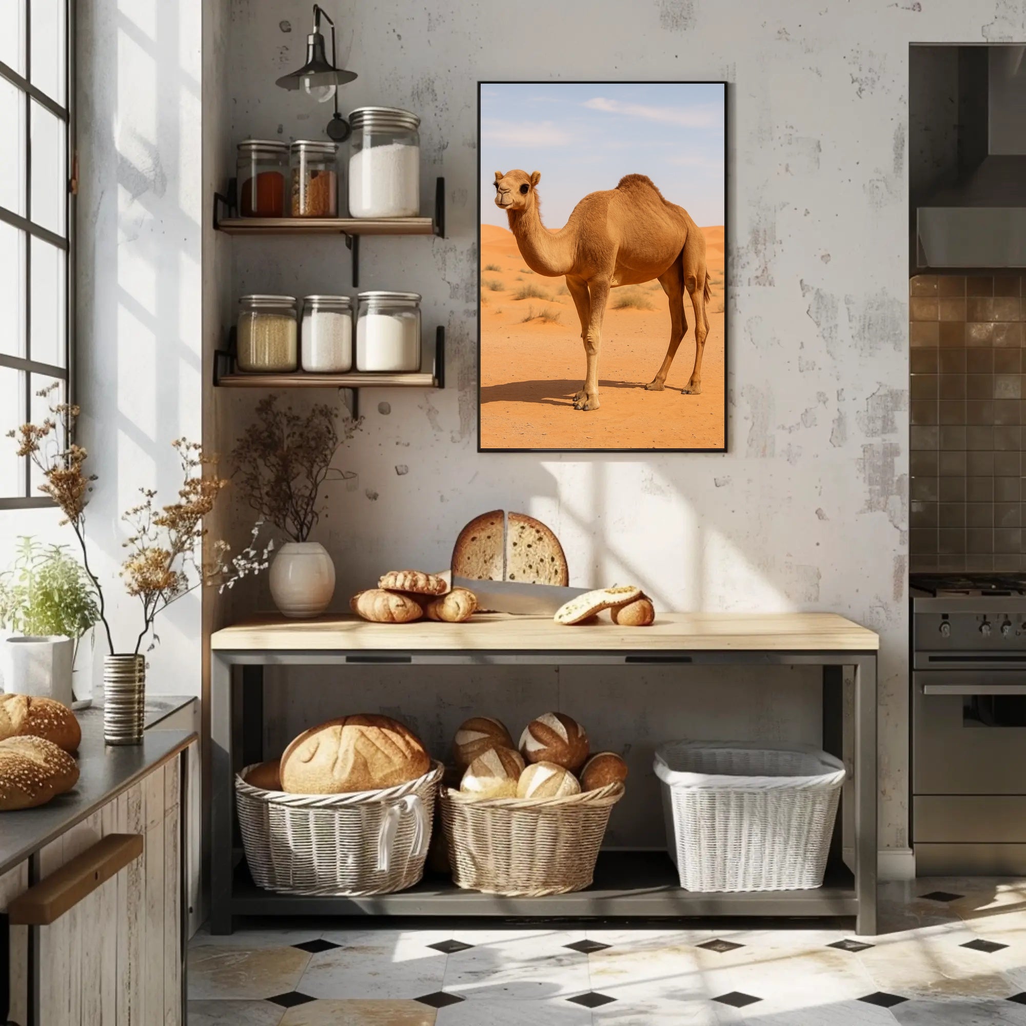 Serene Camel in Tranquil Desert Landscape Animal Poster