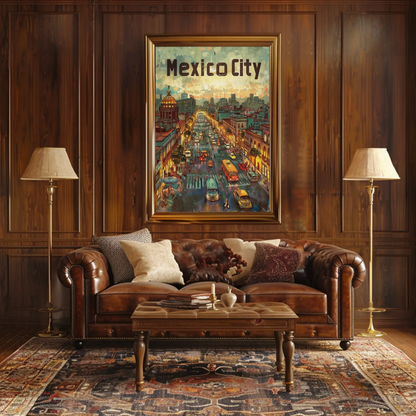 Mexico City Urban Nightlife Lanterns Travel Poster