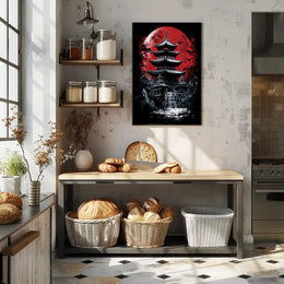 Traditional Japanese Pagoda with Red Moon Cultural Poster