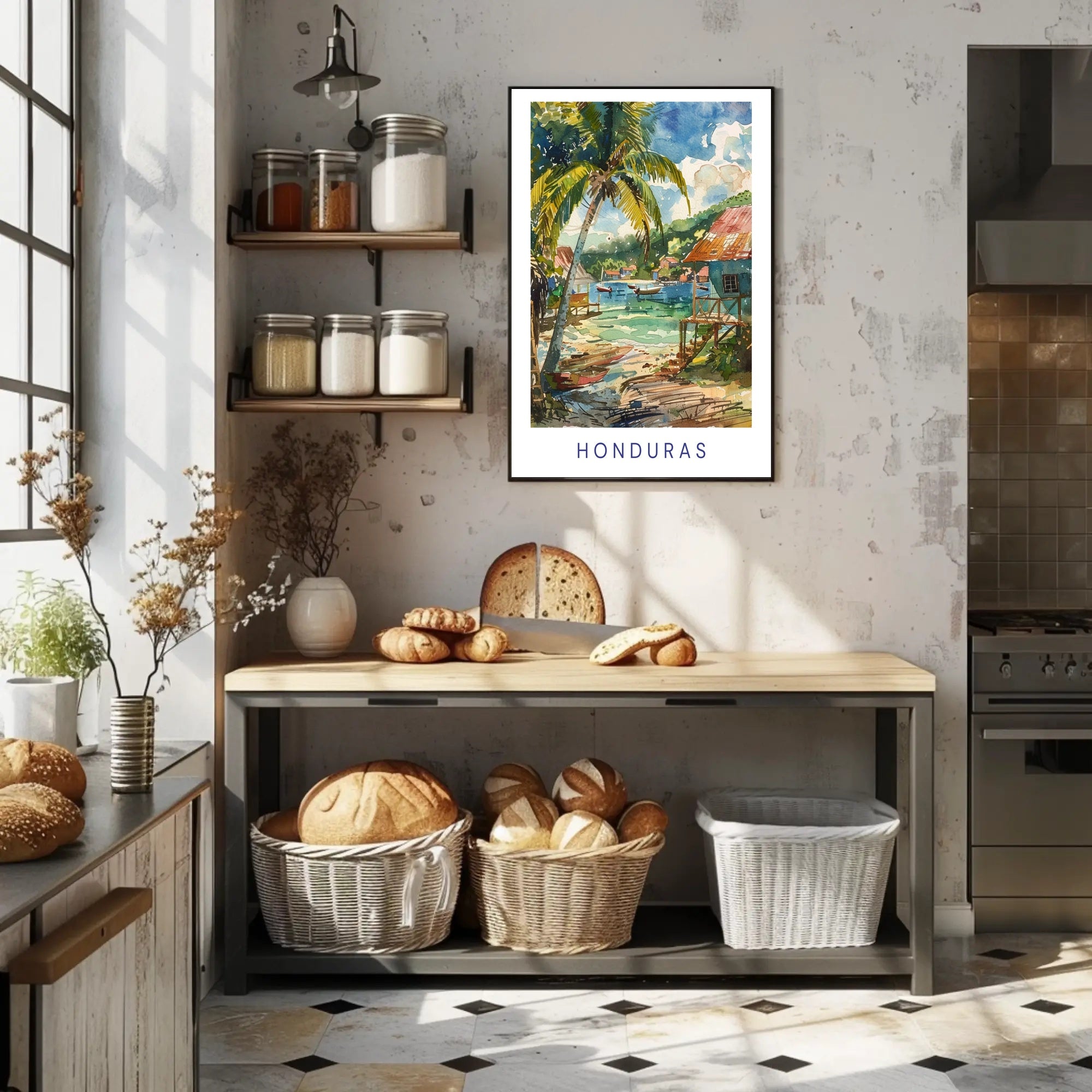 Honduran Coastal Village Serene Watercolor Art Travel Poster PosterGoat