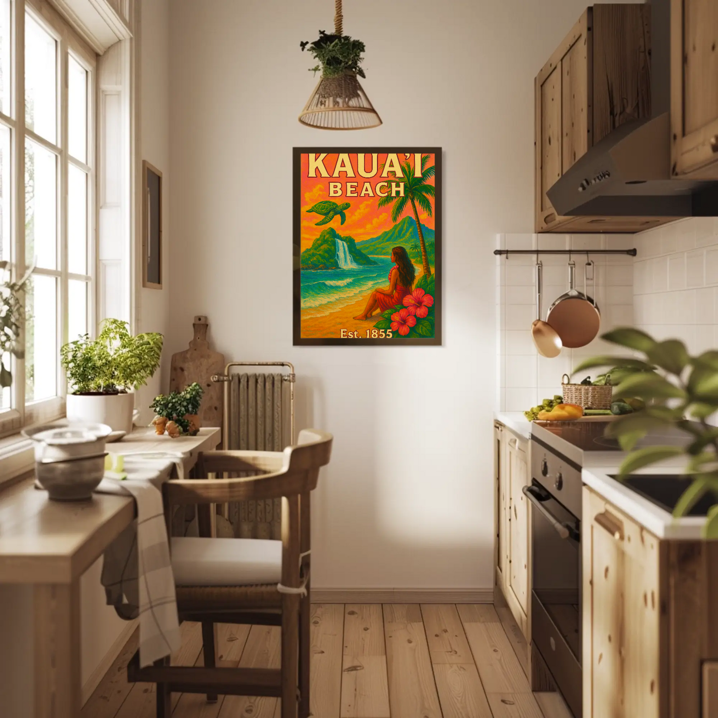 Kauai Beach Hawaii Waterfall Turtle Est 1855 Vintage Travel Poster