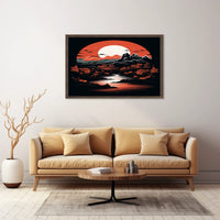 Tranquil Landscape Under A Crimson Moon Poster