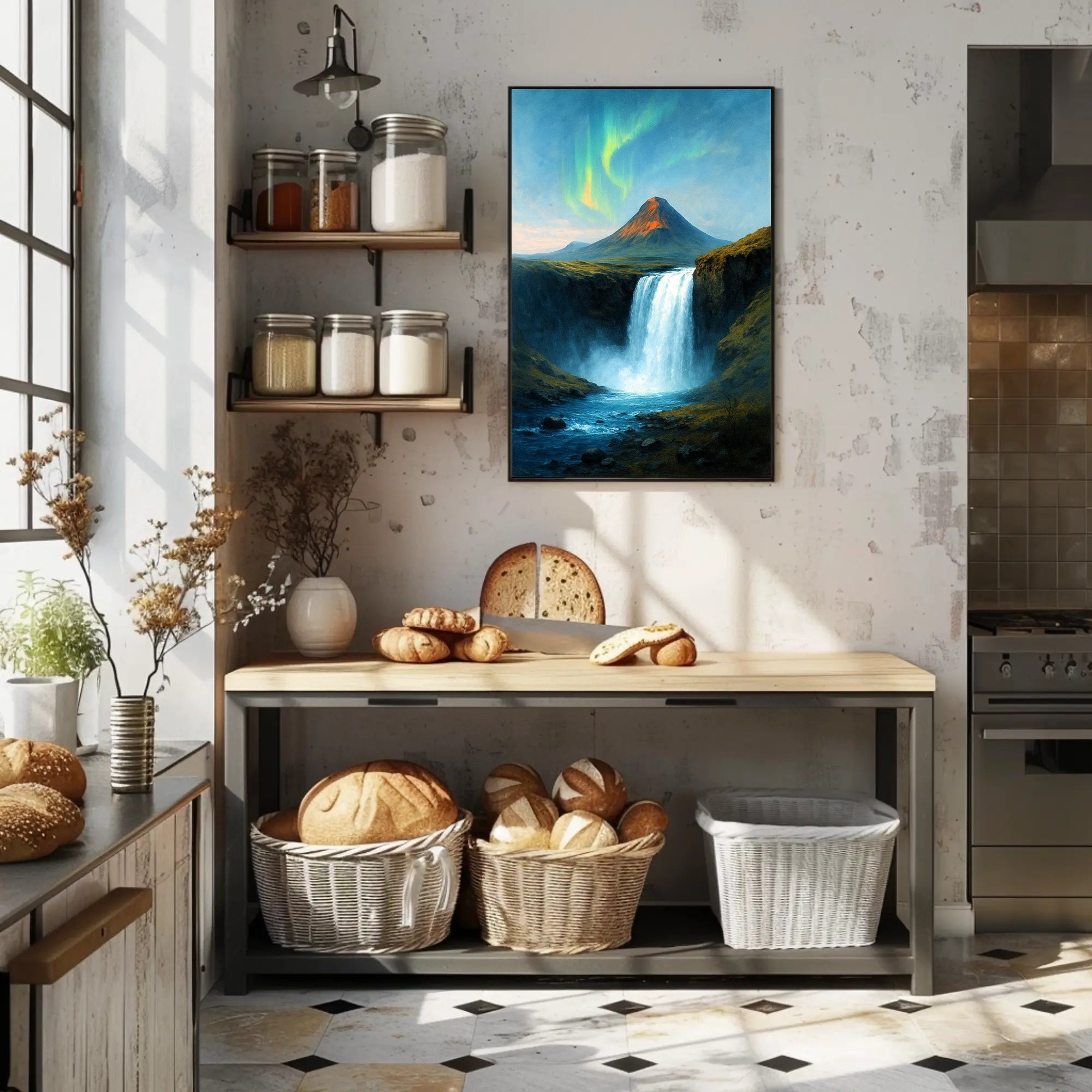 Majestic Northern Lights Over Waterfall Poster