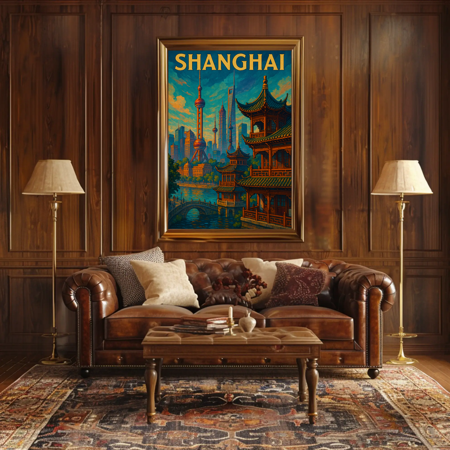 Shanghai Skyline River Pagoda Travel Poster