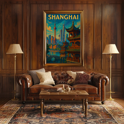 Shanghai Skyline River Pagoda Travel Poster