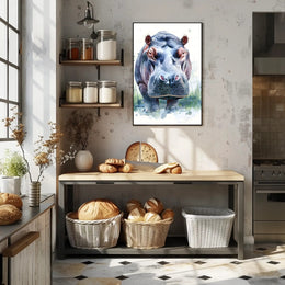 Hippo Watercolor Portrait Poster Wall Art Print