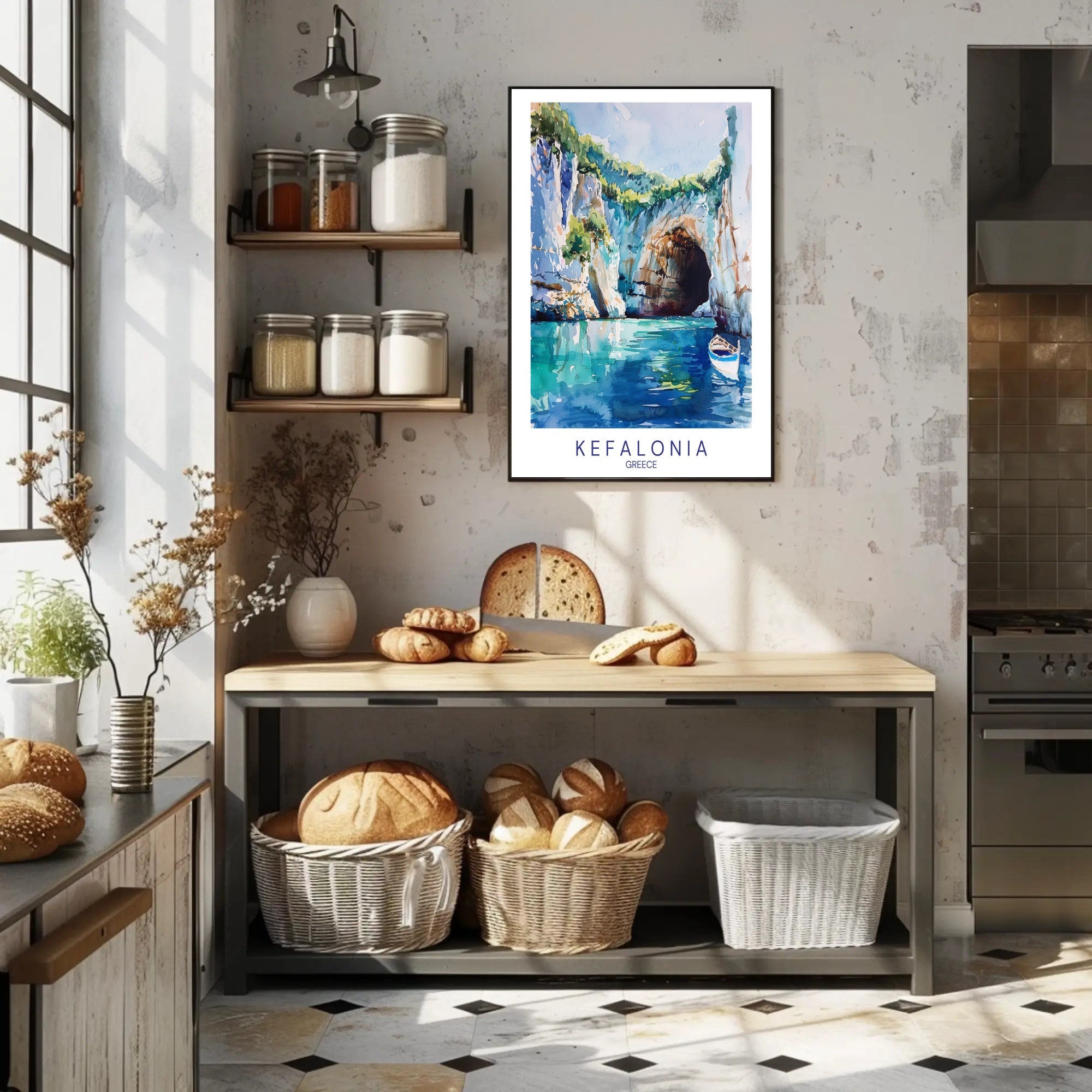 Vibrant Kefalonia Coastal Scene Watercolor - Travel Poster PosterGoat