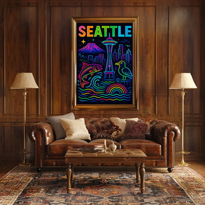 Seattle Washington Space Needle Neon Skyline Poster Poster