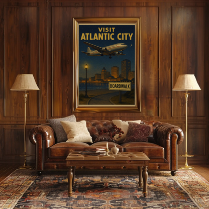 Visit Atlantic City Boardwalk Night Plane Arrival Travel Poster