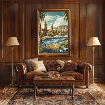 Egypt Desert Mosque and River Travel Poster