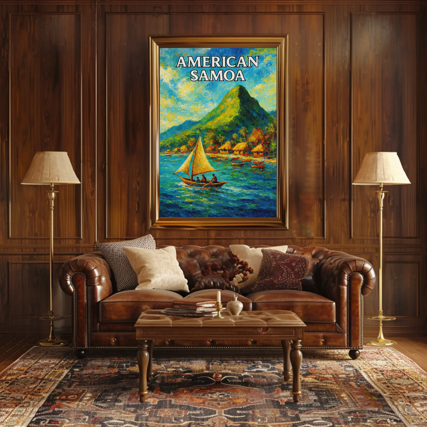 American Samoa Sailing Boats Mountain Coast Travel Poster