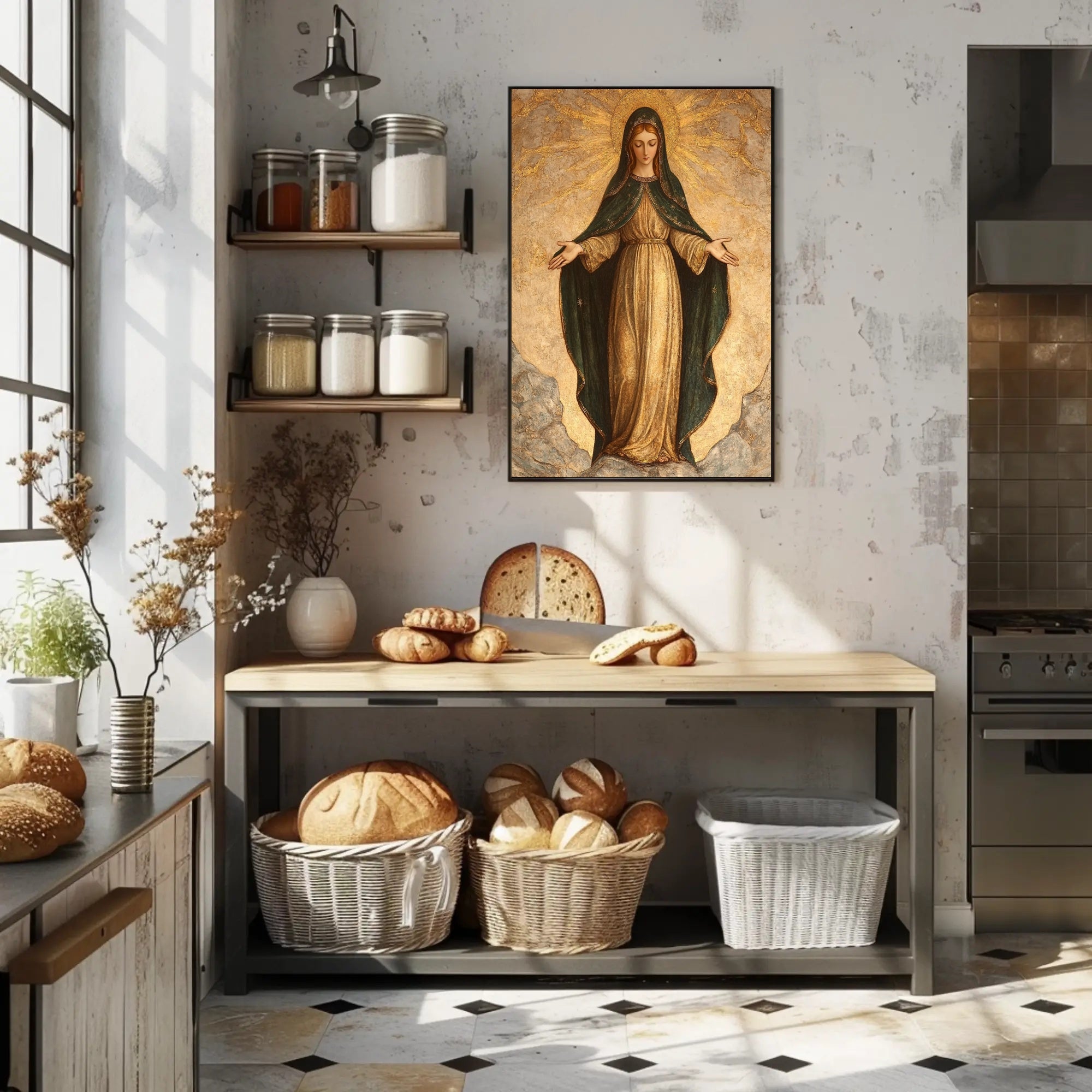 Religious Iconography Poster: Virgin Mary in Golden Aura