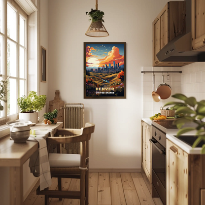 Denver Autumn Meadow Skyline Vintage Travel Poster