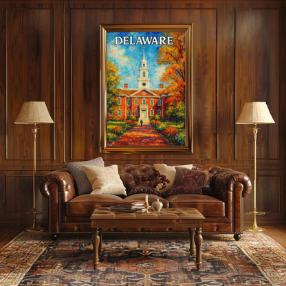 Delaware Brick Capitol Autumn Trees Travel Poster