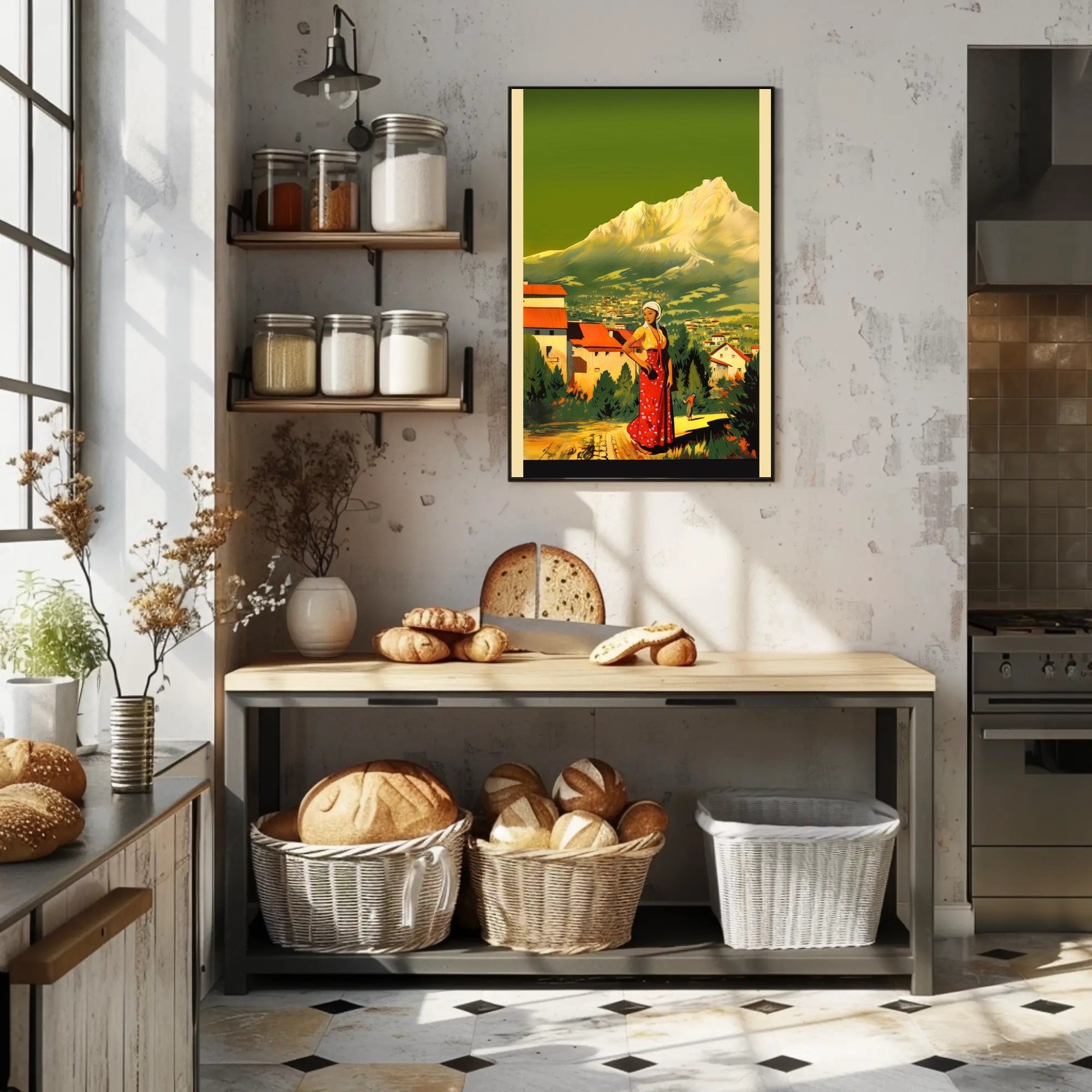 Serene Mountain Village with Traditional Attire Poster