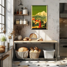 Serene Mountain Village with Traditional Attire Poster