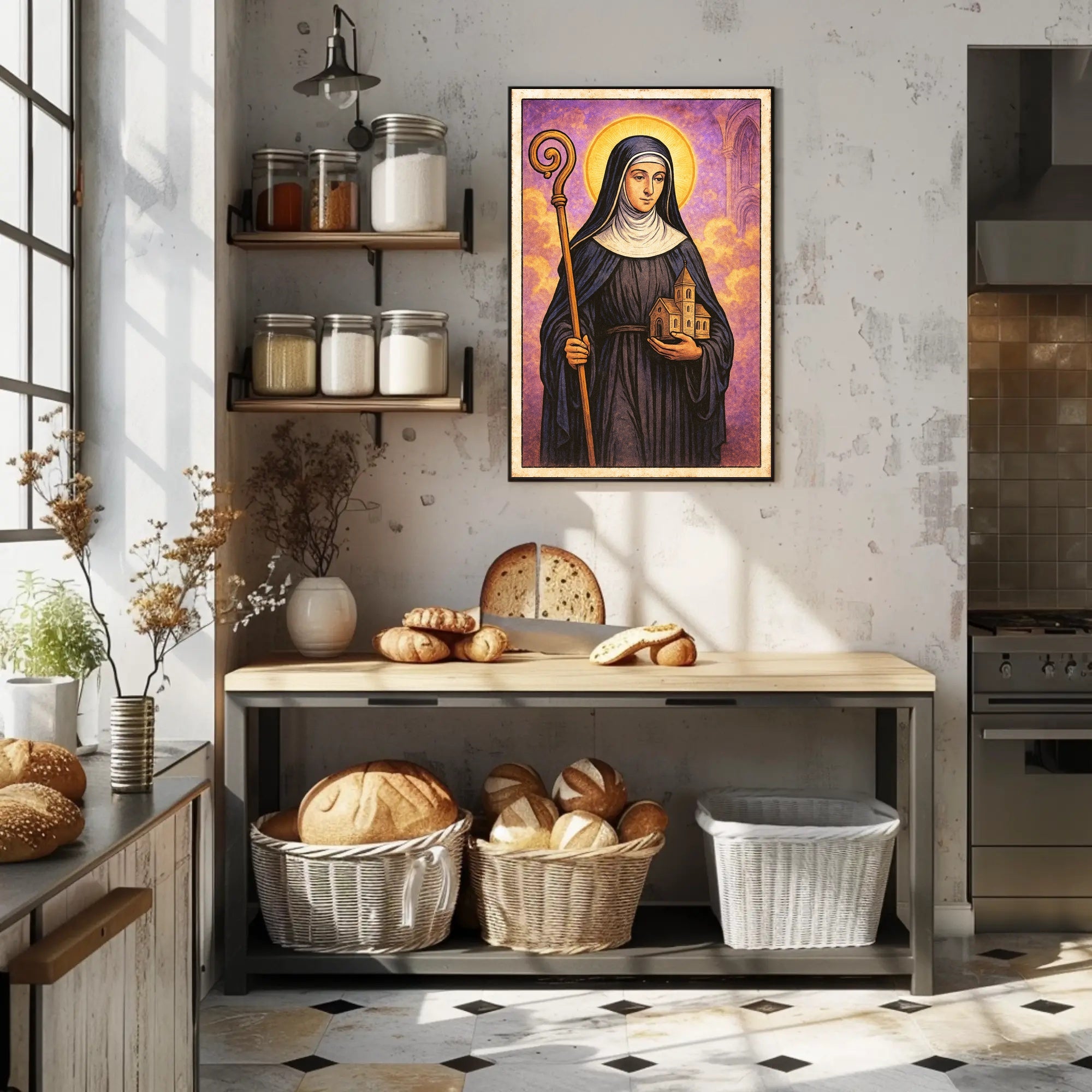 Saintly Figure with Church Model Poster PosterGoat