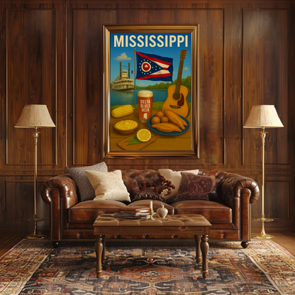 Mississippi River Guitar Beer Catfish Corn Flag Travel Poster