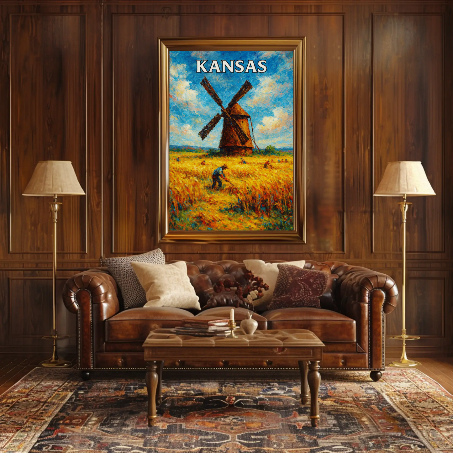 Kansas Windmill Wheat Field Harvest Painting Poster Poster
