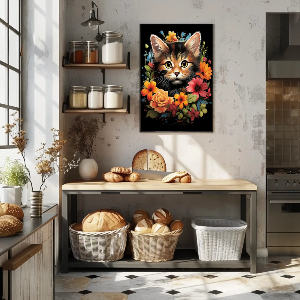 Charming Cat and Flowers Modern Art Poster