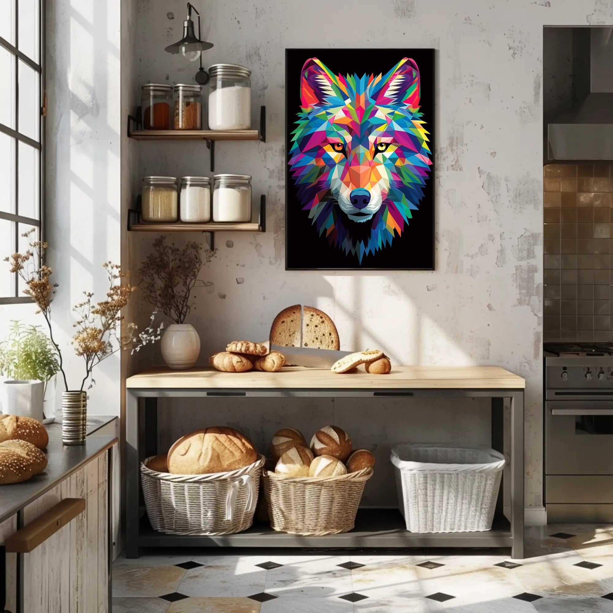 Vibrant Geometric Wolf Poster PosterGoat