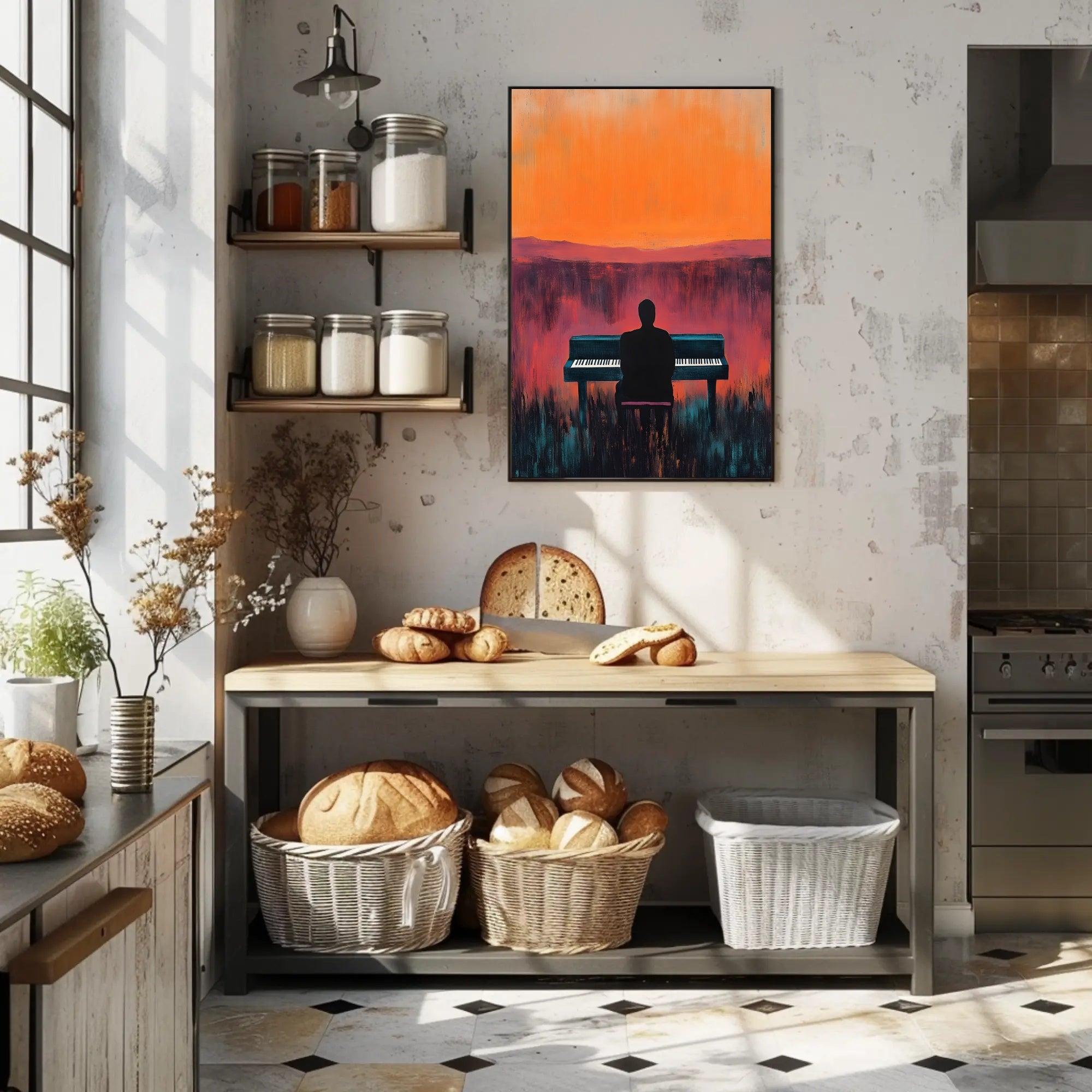 Piano Silhouette Sunset Poster Wall Art Atmospheric