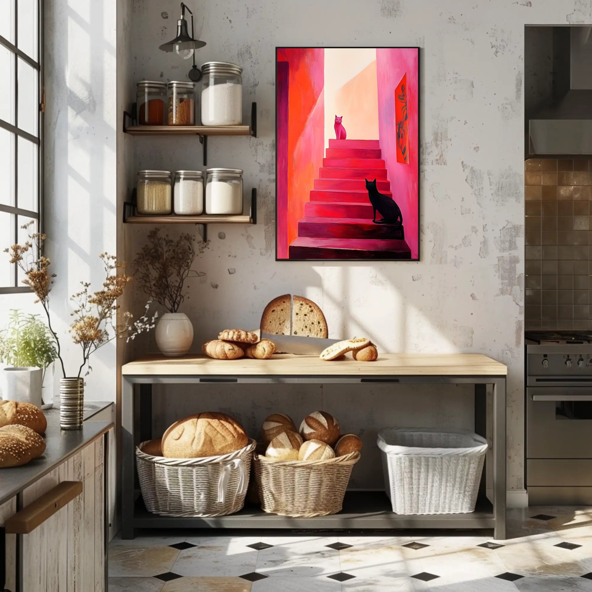 Stairway Cats Poster Charming Wall Art Print